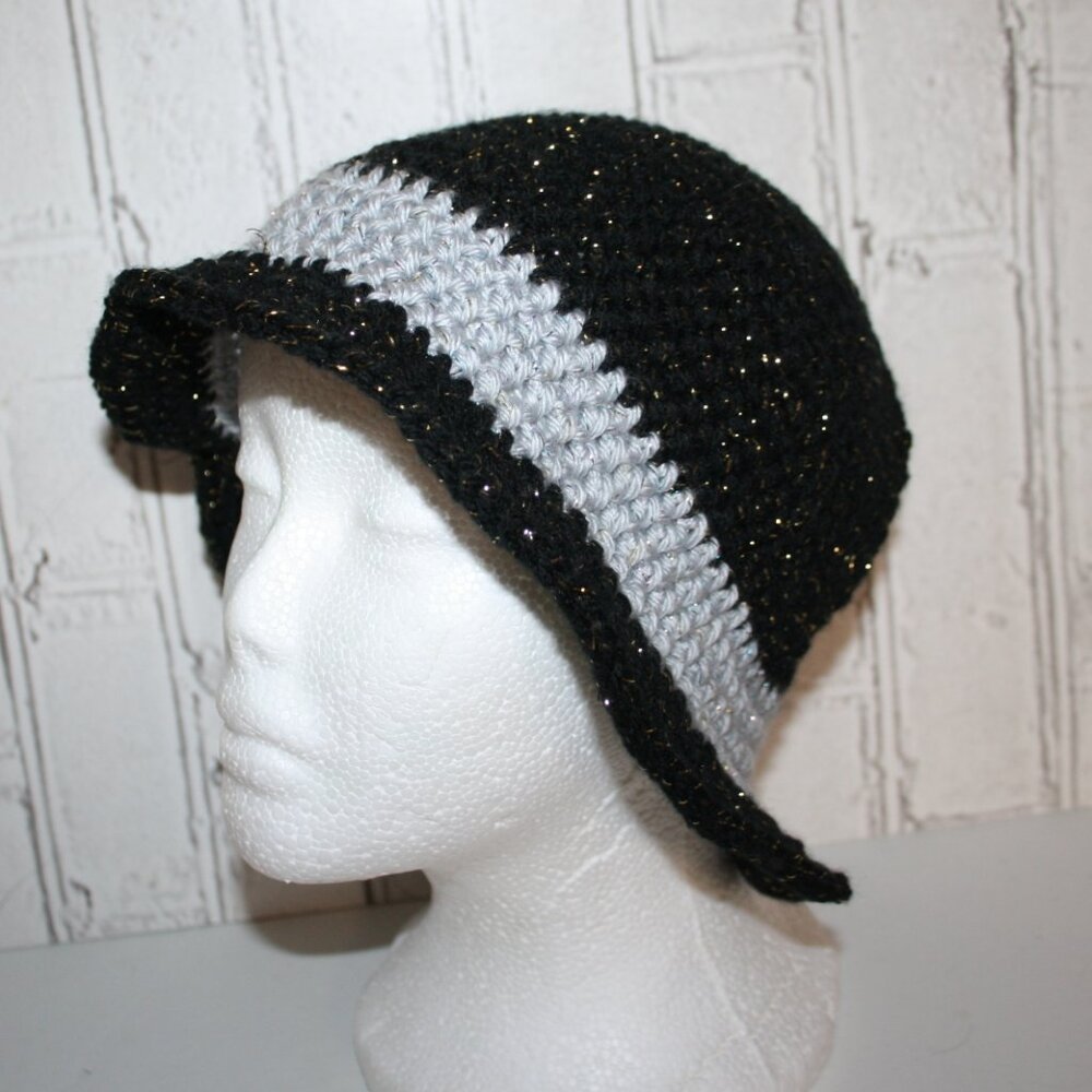 ⚫✨ Glitter Gray & Black Crocheted Sunhat – Handmade · One Size
